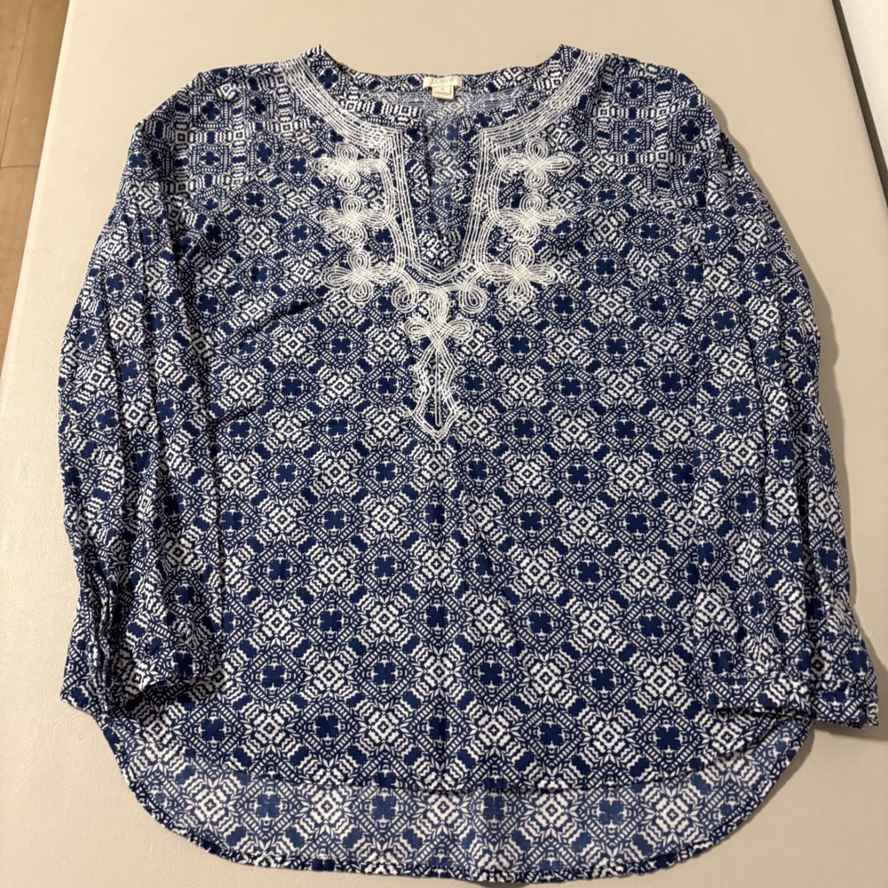J.Crew‎ Blue White Geometric Embroidered Cotton Tunic Top Notch Neck Women's S